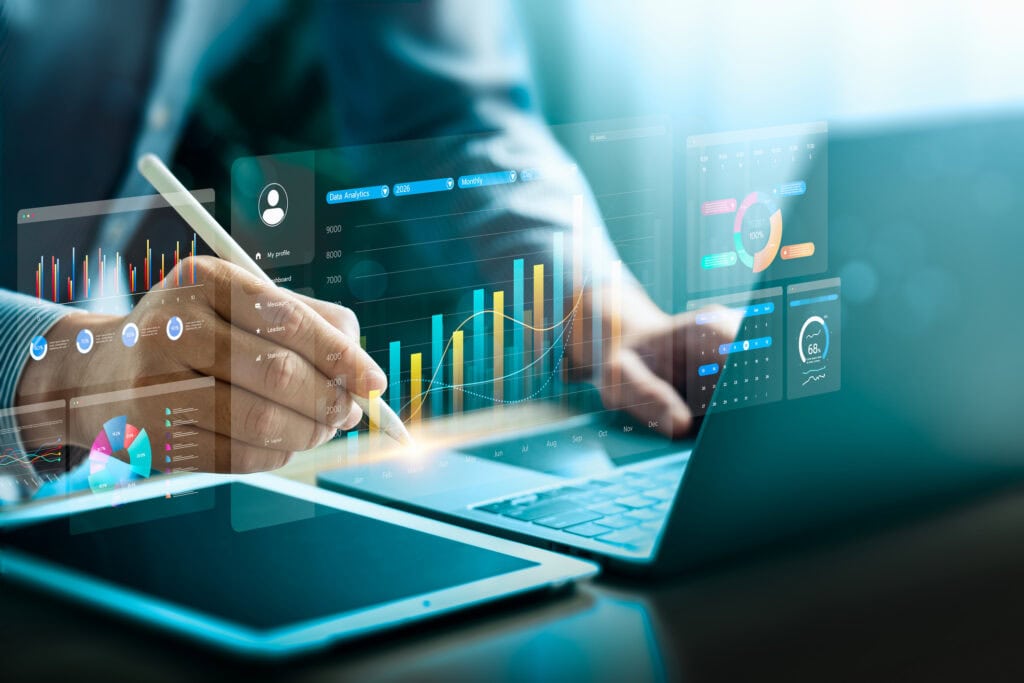Financial data visualization with digital charts and analytics dashboard, showing business growth, performance metrics, and innovation, representing financial analysis, big data, business intelligence